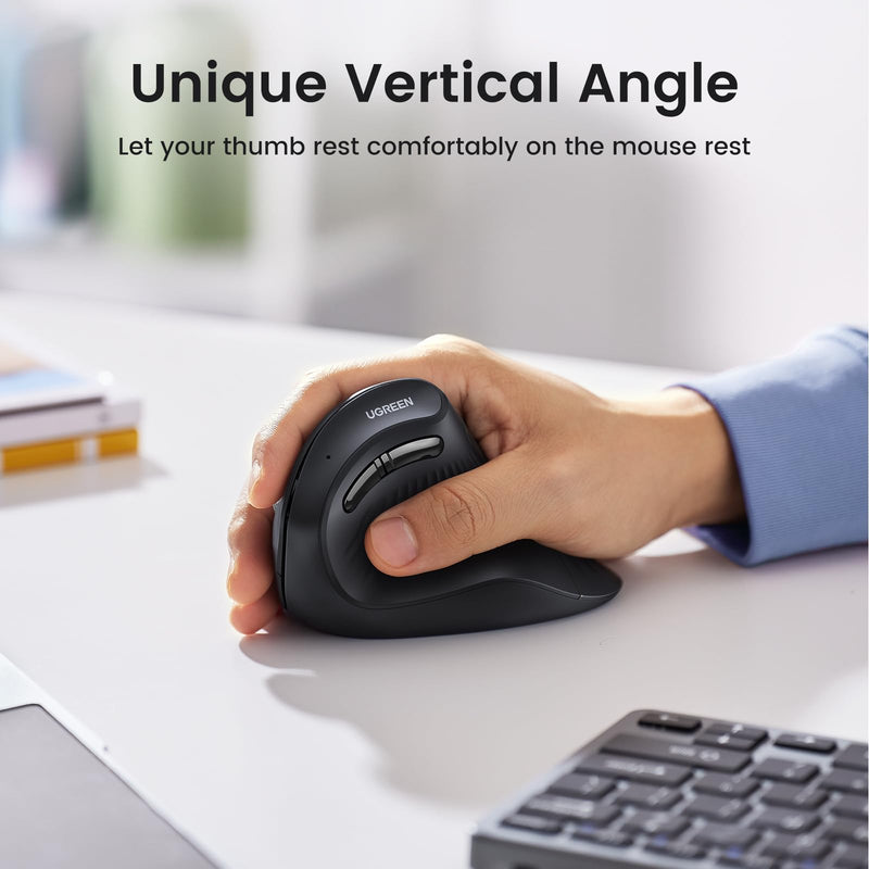 UGREEN Ergonomic Vertical Mouse, 2.4GHz Wireless or Bluetooth, 1000/1600/2000/4000DPI, 5 Buttons, Connects Up to 3 Mac/PC Computers, 75° Ergonomic Angle, Windows, MacOS, Linux, Chrome OS, Android