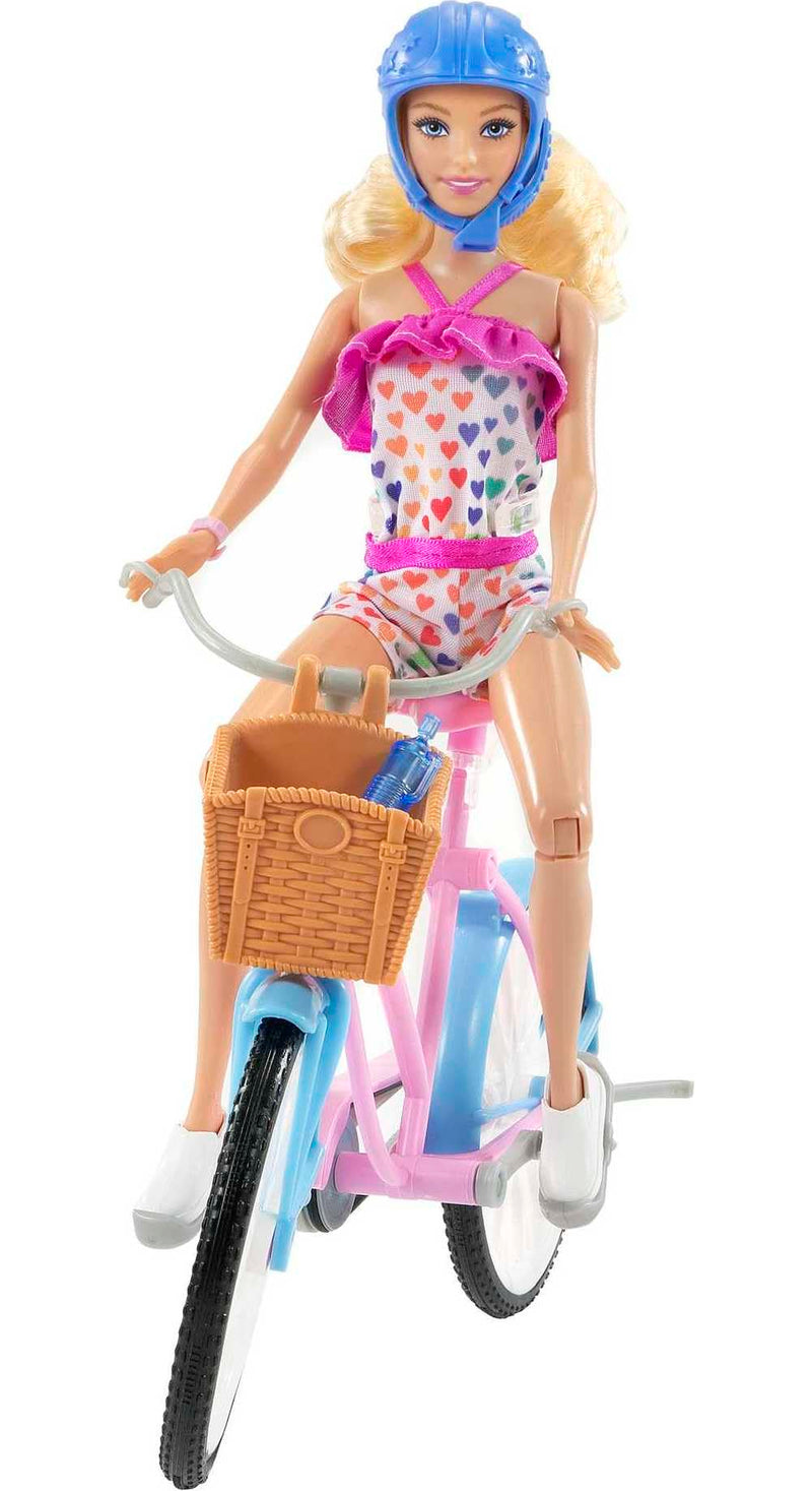 Barbie Doll and Bike Playset with Doll (11.5 in, Blonde), Bicycle with Rolling Wheels & Water Bottle Accessory, Gift for 3 to 7 Year Olds,Blue,pink,white