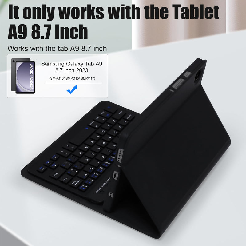 Samsung Galaxy Tab A9 Keyboard Case, Keyboard Case for Samsung Galaxy Tab A9 8.7" 2023 SM-X110/X115/X117, Slim PU Case with Magnetically Detachable Wireless Keyboard for Tab A9, Black
