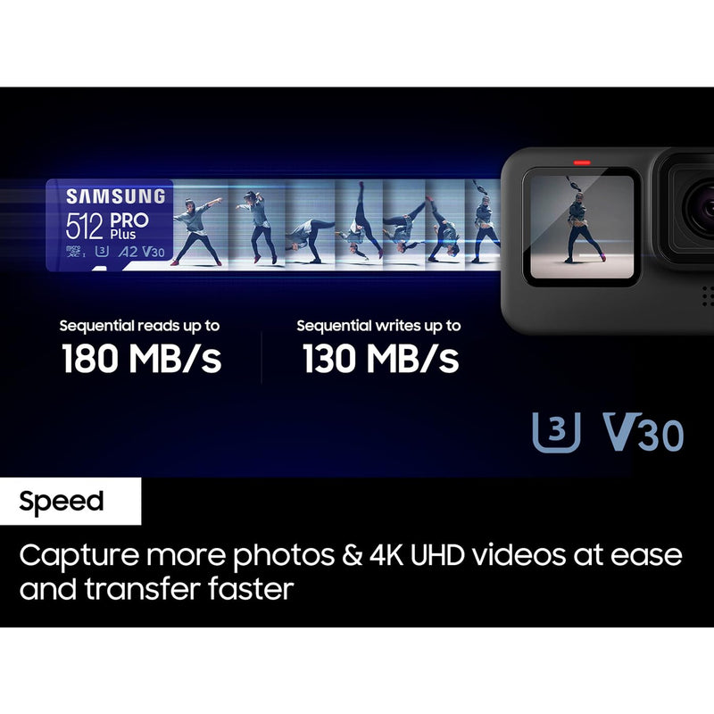 Samsung PRO Plus SD Card, 512 GB, With UHS-I U3 Interface, Full HD & 4K UHD, Read Speed 180 MB/s, Write Speed 130 MB/s, Memory Card for Cameras and Drones, Includes USB Card Reader, MB-SD512SB/WW