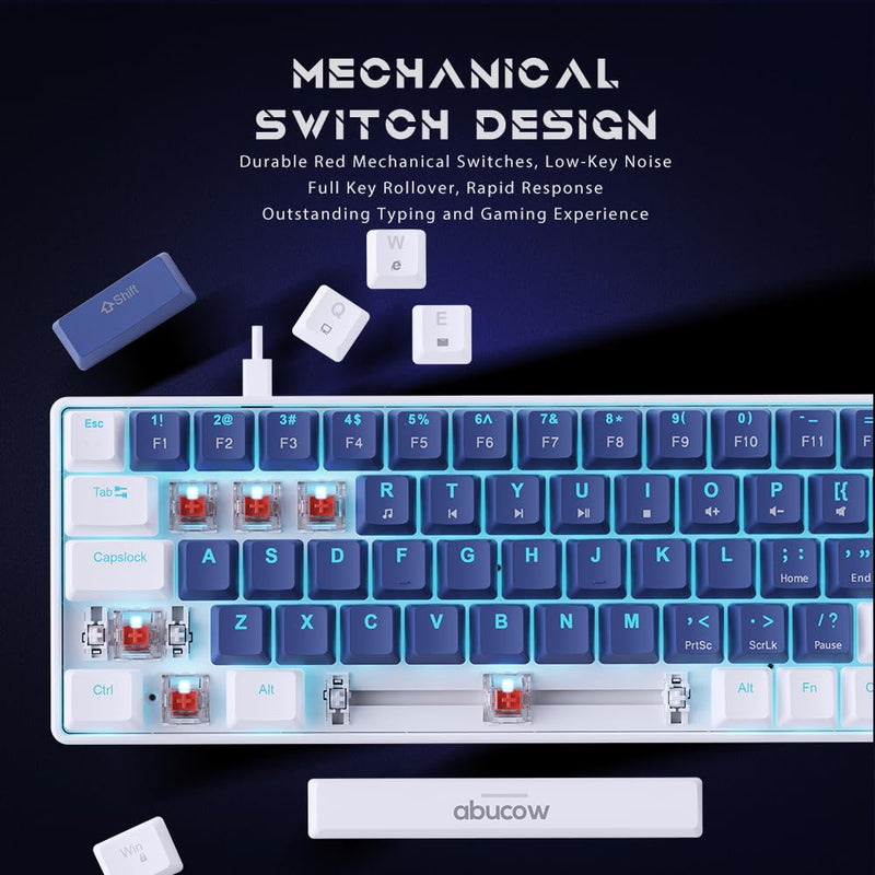 Abucow 68-key mechanical gaming keyboard with colorful backlight and red switch for premium typing and gaming experience on PC and Mac (White-Dark Blue)