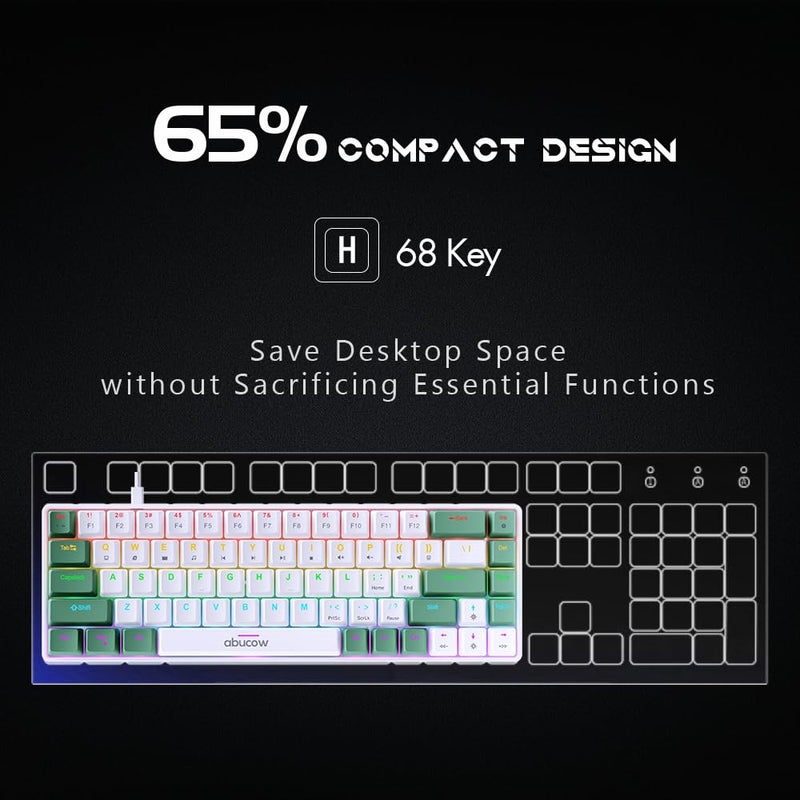 Abucow 68-key mechanical gaming keyboard with colorful backlight and red switch for premium typing and gaming experience on PC and Mac (Green-White)