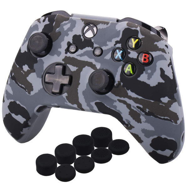 YoRHa Water Transfer Printing Camouflage Silicone Cover Skin Case for Microsoft Xbox One X & Xbox One S controller x 1(snow) With PRO thumb grips x 8