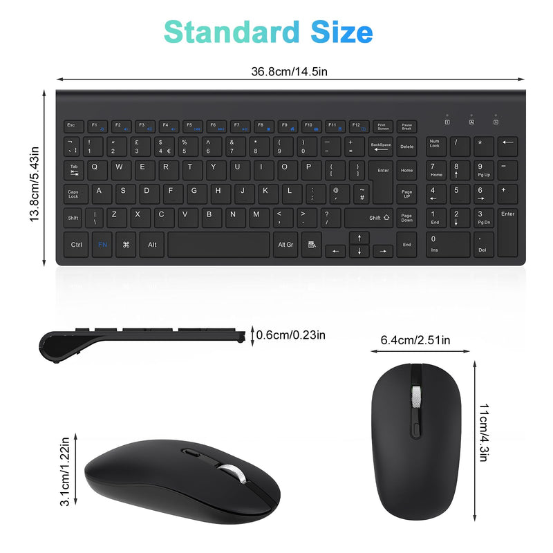 Wireless Keyboard Mouse Combo, cimetech 2.4G Ultra-Thin Keyboard and Mouse Set with Sleek Ergonomic Silent Design & Stable Connection for Windows PC Laptop Computer (QWERTY UK Layout, Dark Black)