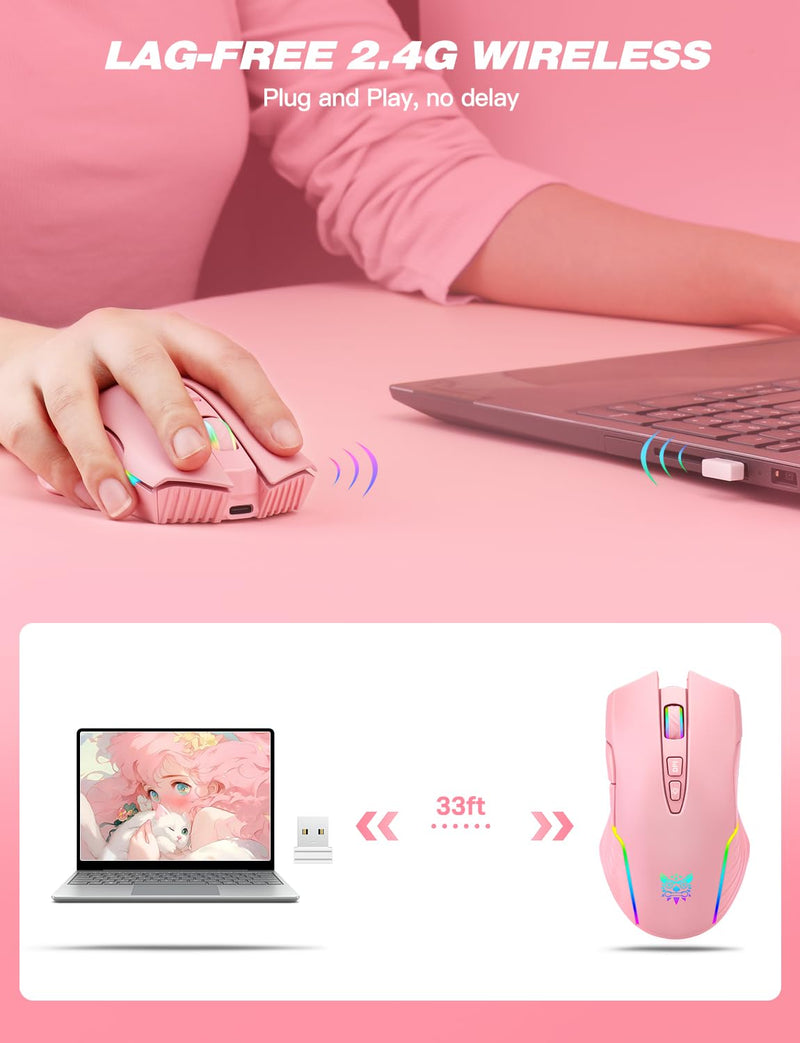 ONITOON Wireless Gaming Mouse Pink, RGB Rechargeable Computer Mice with 5 Adjustable DPI Up to 3600, 2.4G Portable Office Cordless Mice Compatible with Windows, Mac for girls woman