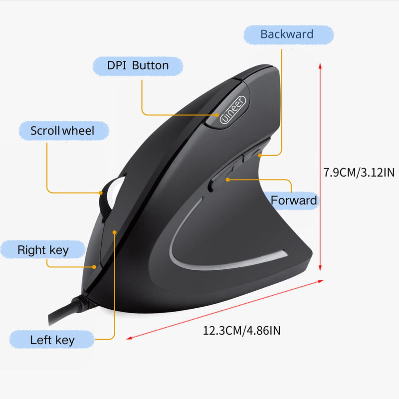 Uineer Wired Vertical Mouse, USB Ergonomic mouse with 4 Adjustable DPI, 6 Buttons 1.5M cable Computer Mouse for Laptop, Desktop, PC(Black)