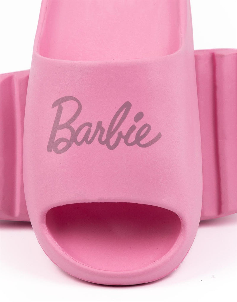 Barbie Womens Sliders | Pink Moulded Ridge Bottom Sandals For Ladies | Fashion Doll Classic Logo Beachwear & Summer Pool Shoes | Slip-on Footwear Movie Merchandise Gift for Adults