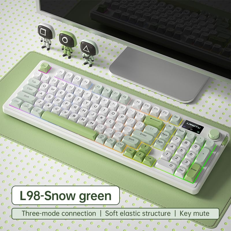 Cmokifuly L98 Membrane Keyboard,Tri-mode Keyboard RGB Backlit Screen+Rotary Knob,Gasket-mounted Gaming Keyboard (Green)