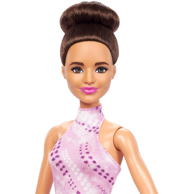 Barbie Careers Fashion Doll & Accessories, Brunette in Removable Pink Skate Outfit with Ice Skates & Trophy, HRG37