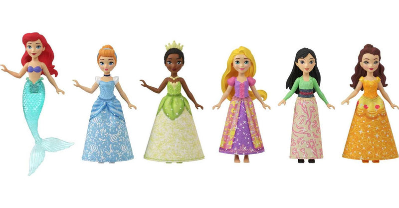 Mattel Disney Princess Toys, 6 Posable Small Dolls with Sparkling Clothing and 13 Tea Party Accessories Inspired by Disney Movies, HLW91