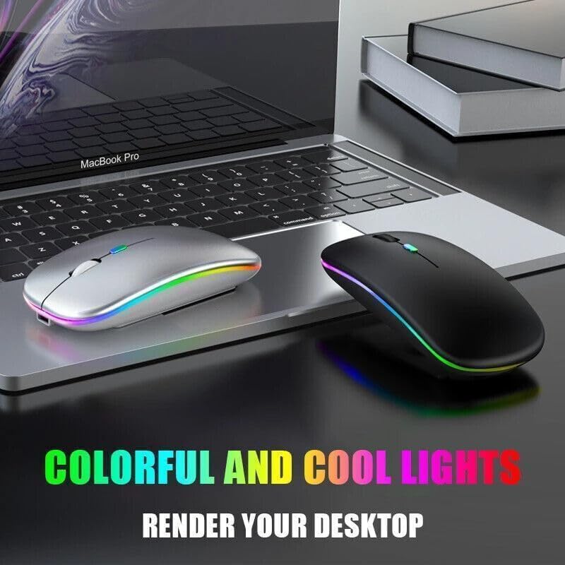 Wireless mouse Slim Silent Bluetooth Mouse+USB Receiver Mice wireless mouse rgb Backlit Cordless Mice, Rechargeale and Noiseless3 DPI Adjustable for Laptop/Mac/PC/Windows/Computer (Silver White Mix)