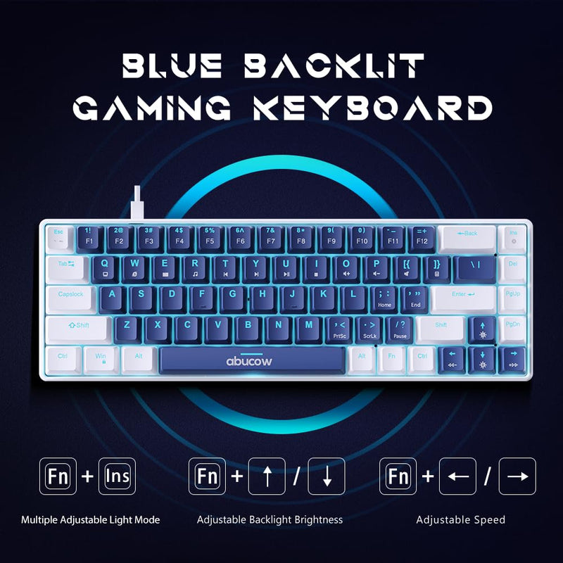 Abucow 68-key mechanical gaming keyboard with colorful backlight and red switch for premium typing and gaming experience on PC and Mac (White-Dark Blue)