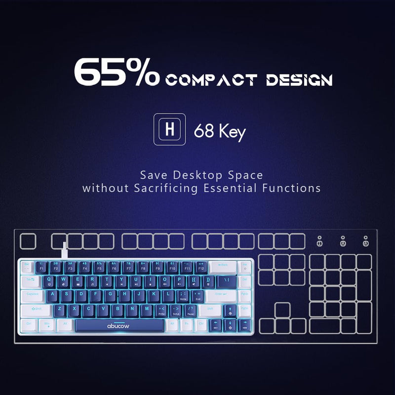 Abucow 68-key mechanical gaming keyboard with colorful backlight and red switch for premium typing and gaming experience on PC and Mac (White-Dark Blue)