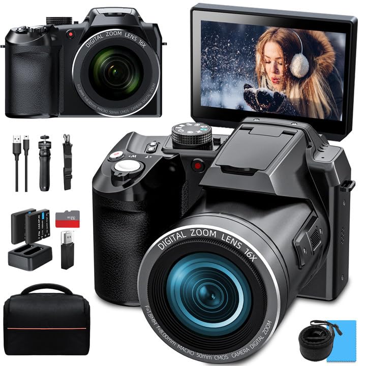 Monitech 64MP Digital Camera for Photography, 4K Vlogging Camera for YouTube with 3’’ Flip Screen,16X Digital Zoom,WIFI& Autofocus,Cameras Mic&Tripod,2 Batteries, 32GB TF Card (S200,Black)