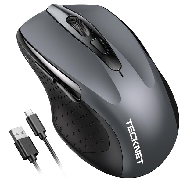 TECKNET Bluetooth Mouse, Rechargeable Bluetooth Wireless Mouse(Tri-Mode: BT 5.0/3.0+2.4G), 4800DPI Adjustable, Silent Ergonomic Wireless Mouse for Laptop PC Computer, Windows Mac OS,6 Buttons, Grey