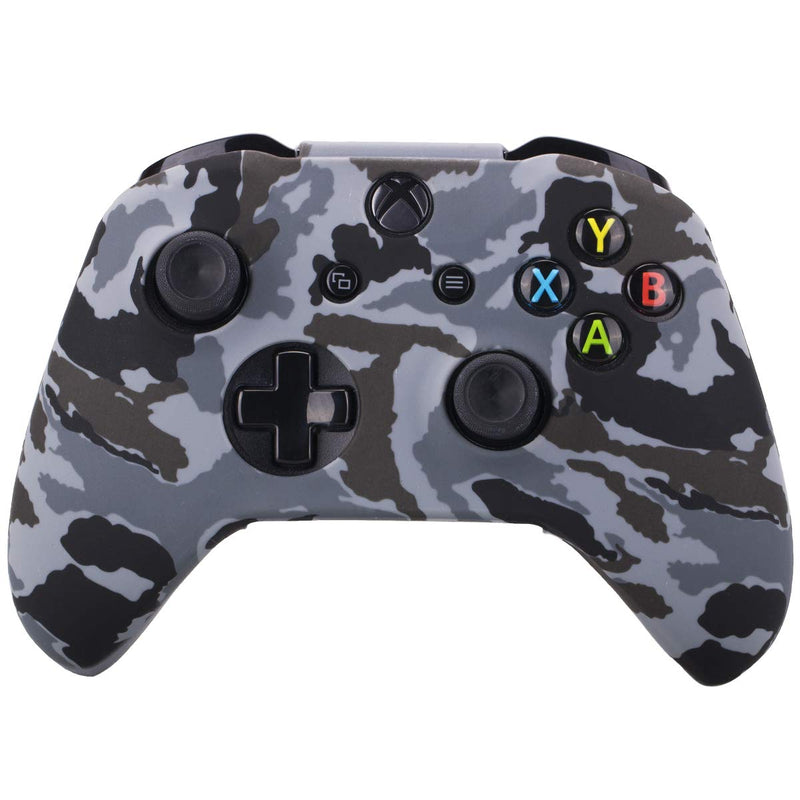 YoRHa Water Transfer Printing Camouflage Silicone Cover Skin Case for Microsoft Xbox One X & Xbox One S controller x 1(snow) With PRO thumb grips x 8