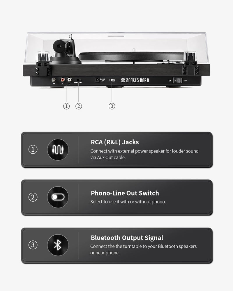 Angelshorn Upgraded 5.0 Bluetooth Output Record Player Vinyl Player, Home Audio Turntable, Belt Drive 2-Speed, Includes Phono Preamp, Magnetic AT-3600L Cartridge & RCA | Black Modern Edition