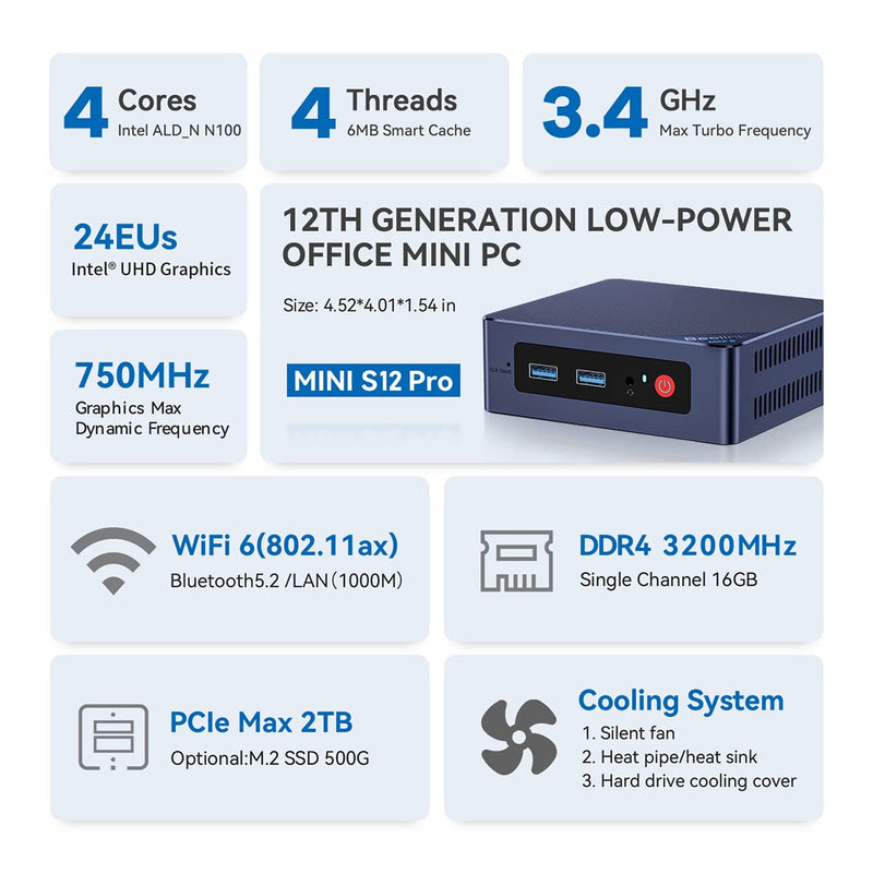 Beelink 12th Gen Intel Alder Lake-N100 Processor (up to 3.40GHz) Wi-11 Pro Mini Computer, MINI-S12 Pro Mini PC, 16GB RAM 500GB SSD Business Mini Desktop PC, HDMI/WiFi 6/BT5.2/WOL/Auto Power On