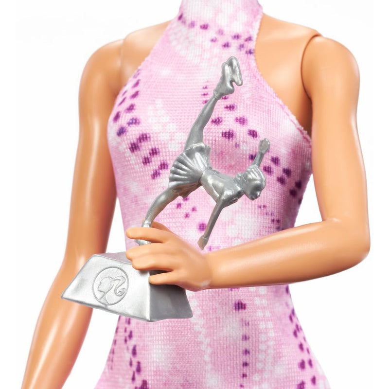 Barbie Careers Fashion Doll & Accessories, Brunette in Removable Pink Skate Outfit with Ice Skates & Trophy, HRG37