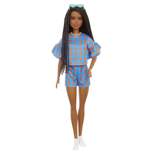 Barbie Fashionistas Doll #172 with Long Braided Black Hair, Heart Print Top with Ruffled Sleeves & Shorts, Sneakers & Heart-shaped Sunglasses, Toy for Kids 3 to 8 Years Old