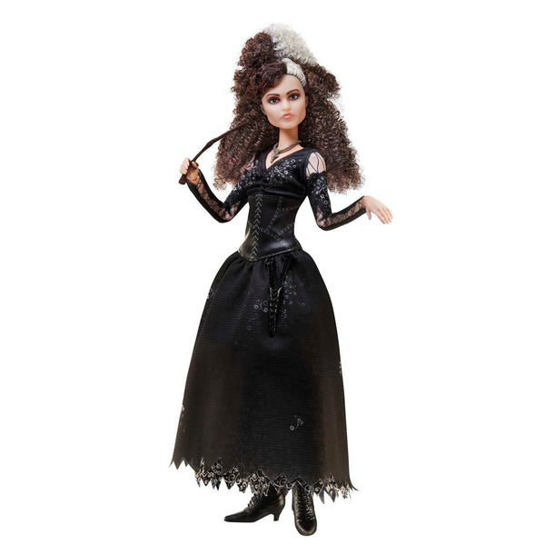 Mattel Harry Potter Collectible Bellatrix Lestrange Doll (10-inch, Curly Hair) Wearing Signature Black Dress and Necklace, with Wand, Gift for 6 Year Olds and Up, HFJ70