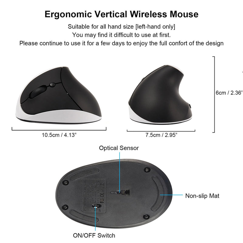 Left Handed Mouse Wireless Vertical Mouse Ergonomic 2.4GHz Optical Computer Mice with USB Receiver and 3 Adjustable DPI Portable Rechargeable Cordless Mouse for Laptop PC Desktop Notebook, White