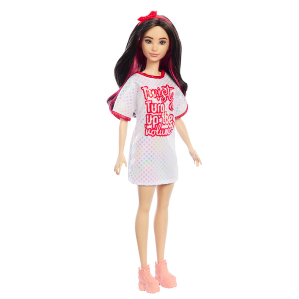 Barbie Fashionistas Doll #214, Black Wavy Hair with Twist ‘n’ Turn Dress & Accessories, 65th Anniversary Collectible Fashion Doll, HRH12