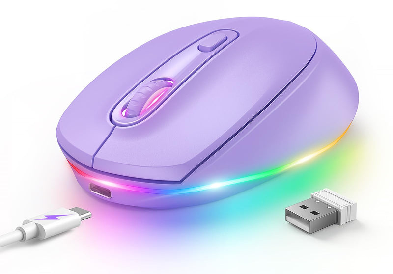 Seenda Wireless Mouse - Rechargeable Light Up Mouse with LED Lights - Quick Click - Portable Size - Compatible with Kids' Chromebook, Windows, PC, Computer, Laptop - Purple