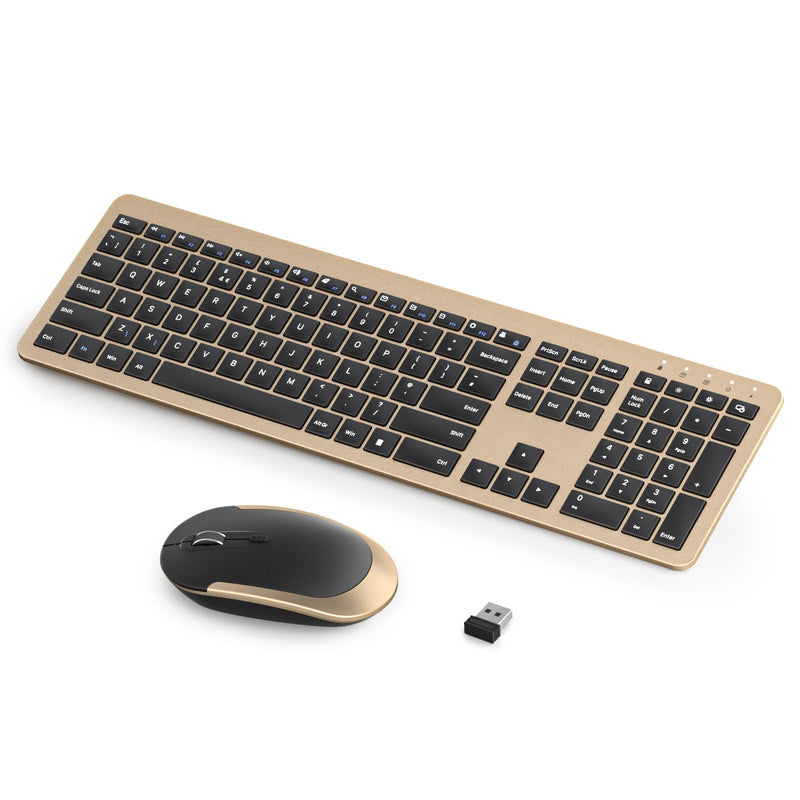 Wireless Rechargeable Keyboard and Mouse Set, Seenda Full Size Thin Wireless Keyboard and Mouse with Numeric Keypad, Computer keyboard mouse combos for Laptop/PC/Windows, Black and Gold