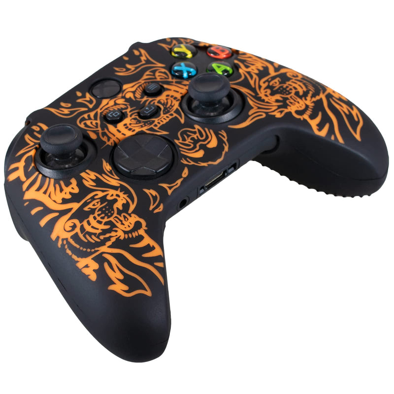 YoRHa Laser Carving Silicone Skin for Xbox Series X/S Controller x 1(Tiger Orange) with Pro Thumb Grips x 8