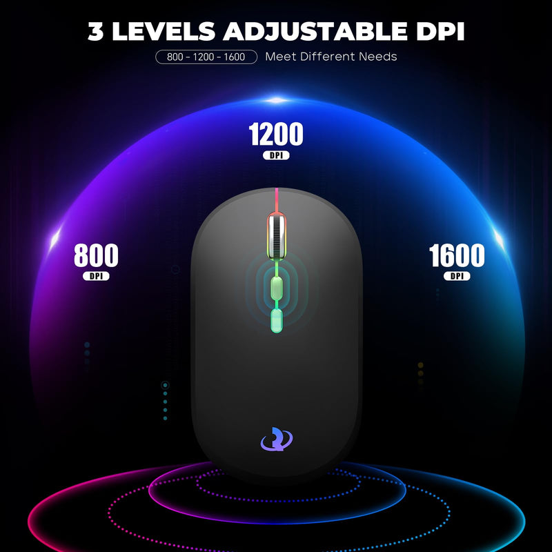 RIIKUNTEK Wireless Mouse for Laptop, 2.4G & Bluetooth Mouse Rechargeable with RGB Light, Silent Computer Mouse with Type-C Charging for PC, Laptop, iPad, Tablet, Black