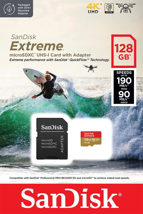 SanDisk 128GB Extreme microSDXC card for Action Cams and Drones + SD adapter + RescuePRO Deluxe, up to 190 MB/s, with A2 App Performance, UHS-I, Class 10, U3, V30