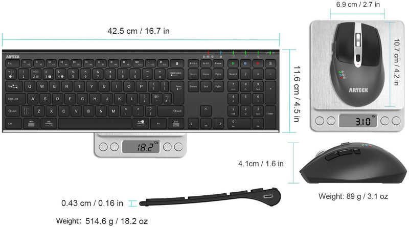 Arteck Universal Multi-Device Bluetooth Keyboard and Mouse Full Size Wireless Bluetooth Keyboard and Ergonomic Mouse Set for Windows, iOS, Android, Computer Desktop PC Laptop iPad Tablet Smartphone