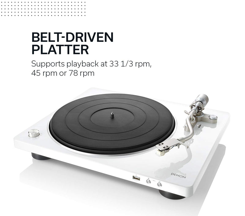 Denon Record Player for Vinyl Records, Vinyl Turntable with USB port, MP3 & WAV, 33/45/78 RPM, Built-in Phono Equalizer, Including Removable Dust Cover & MM Cartridge, MC Compatible, White
