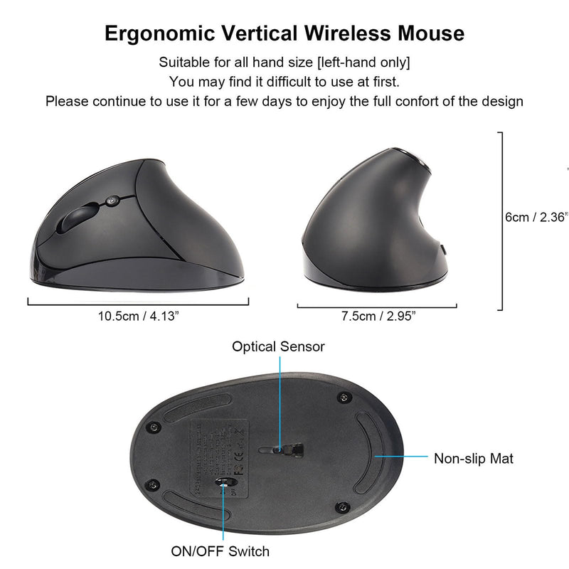 Left Handed Mouse Wireless Vertical Mouse Ergonomic 2.4GHz Optical Computer Mice with USB Receiver and 3 Adjustable DPI Portable Rechargeable Cordless Mouse for Laptop PC Desktop Notebook, Black