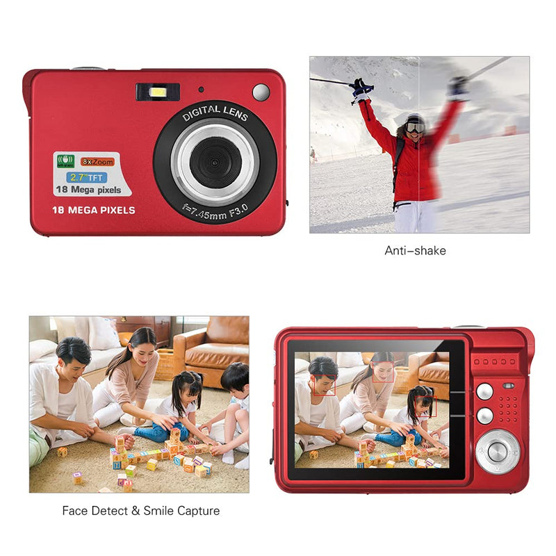 Andoer Digital Camera,Camera Digital Video Camcorder with 2 Batteries 8X Digital Zoom Anti-Shake 2.7 Inch LCD Camera for Adults/Seniors/Children/Teens-Red