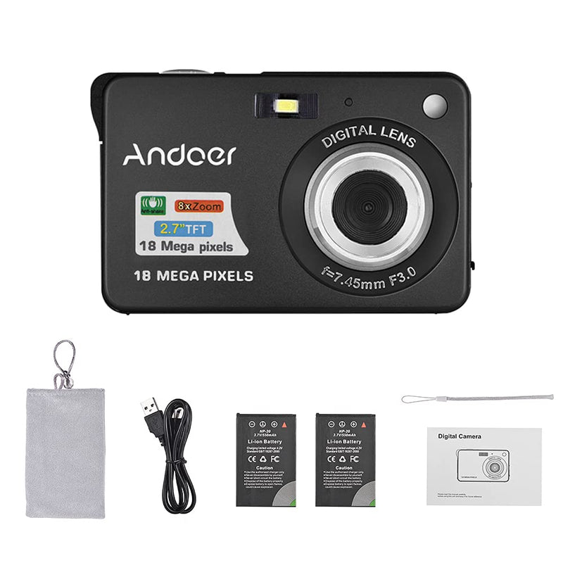 Andoer Digital Camera,Camera Digital Video Camcorder with 2 Batteries 8X Digital Zoom Anti-Shake 2.7 Inch LCD Camera for Adults/Seniors/Children/Teens-Black