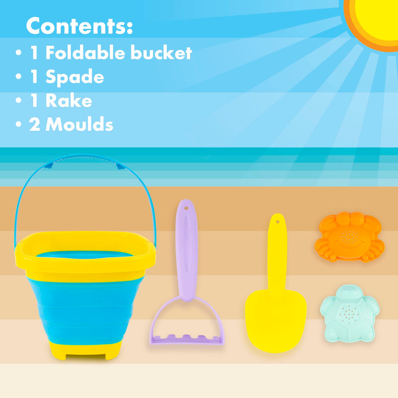abeec 5 Piece Foldable Beach Bucket Set With A Collapsible Beach Bucket & Sand Pit Toys Included - Beach Toys - Outdoor Toys - Water Toys - Sand Toys