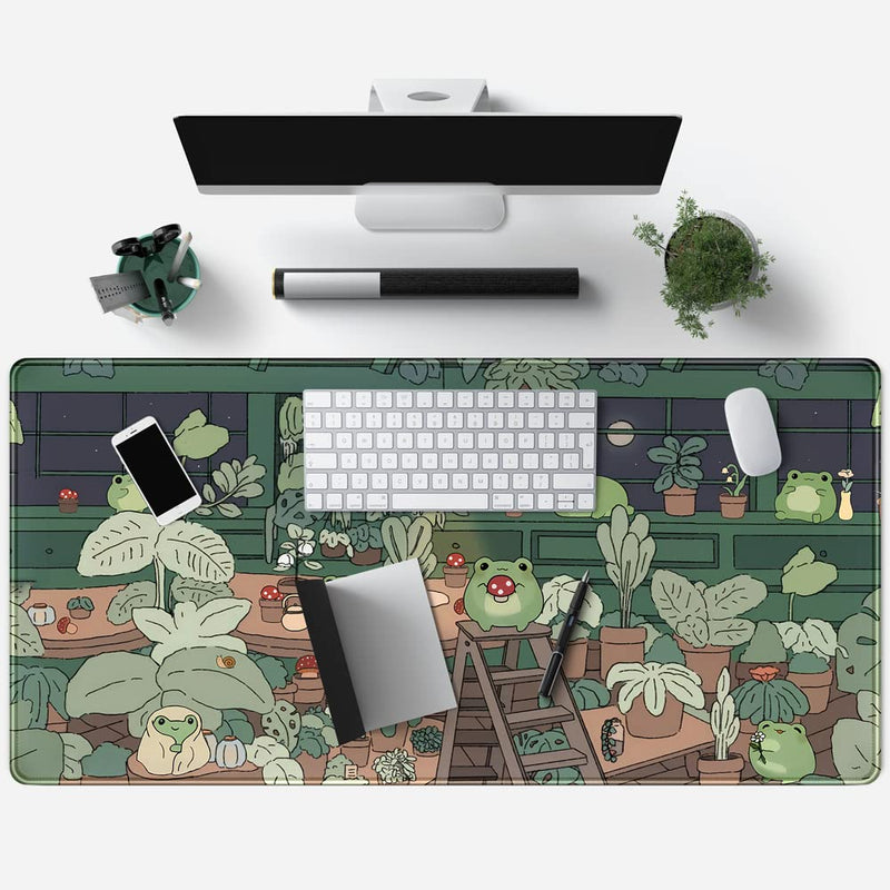 Mechanical Cattle Cute Frog Mouse Pad Desk Kawaii Green Decor Mat, Large Gaming for Computer Keyboard Laptop, Home Office Accessories Girl (31.5x15.7 in)-with Stitched Eges