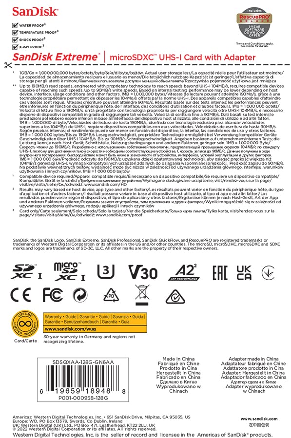 SanDisk 128GB Extreme microSDXC card for Action Cams and Drones + SD adapter + RescuePRO Deluxe, up to 190 MB/s, with A2 App Performance, UHS-I, Class 10, U3, V30
