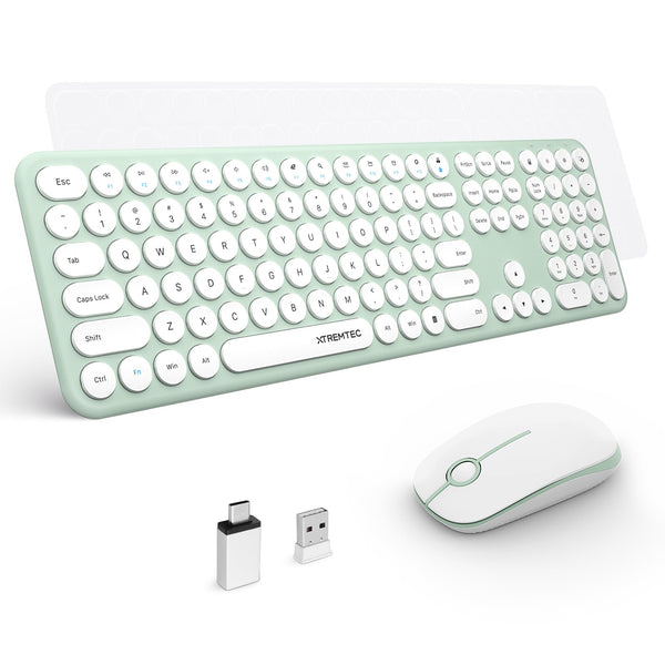 XTREMTEC 2.4G Full Size Wireless Keyboard Mouse Combo - Ultra Slim Silent Cute Computer Keyboard with USB Receiver for Windows, OS, PC, Desktop, Mac, Tablet US Layout（Macaron Green)
