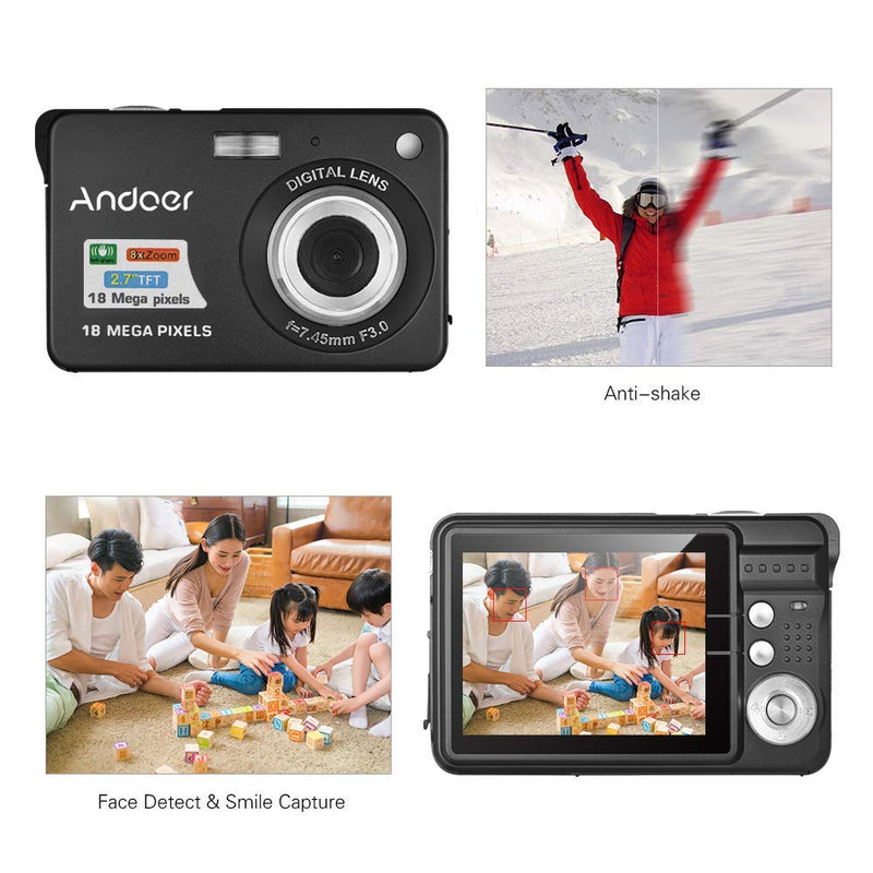 Andoer Digital Camera,Camera Digital Video Camcorder with 2 Batteries 8X Digital Zoom Anti-Shake 2.7 Inch LCD Camera for Adults/Seniors/Children/Teens-Black