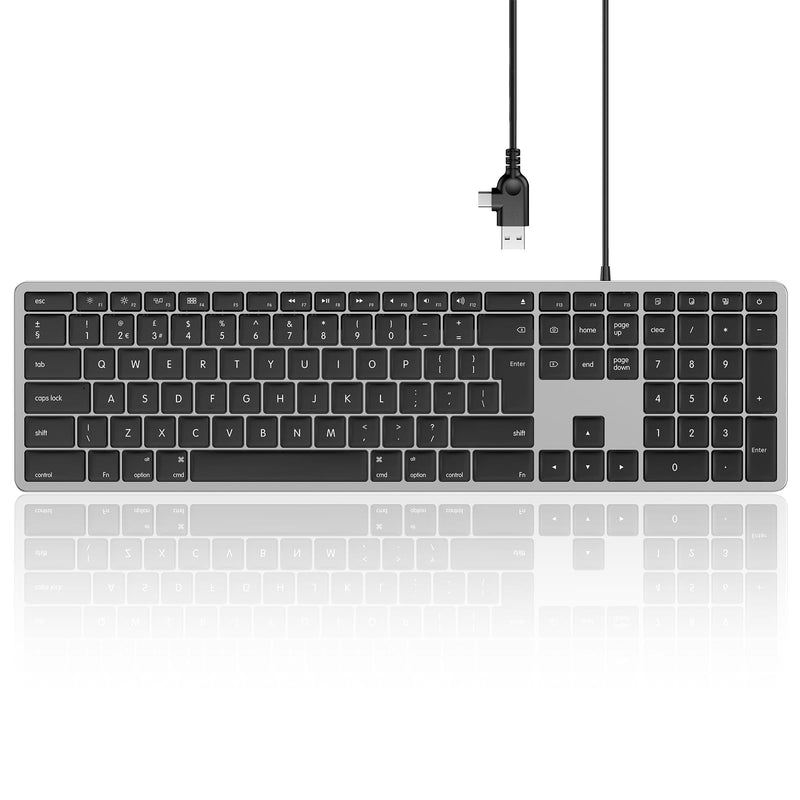 Seenda Wired Keyboard for Mac OS, Full-Size, Slim & Quiet, with Numeric Pad & 2-in-1 USB A/Type C Connector, Ideal for Home & Office - UK Qwerty Layout, Black and Dark Grey