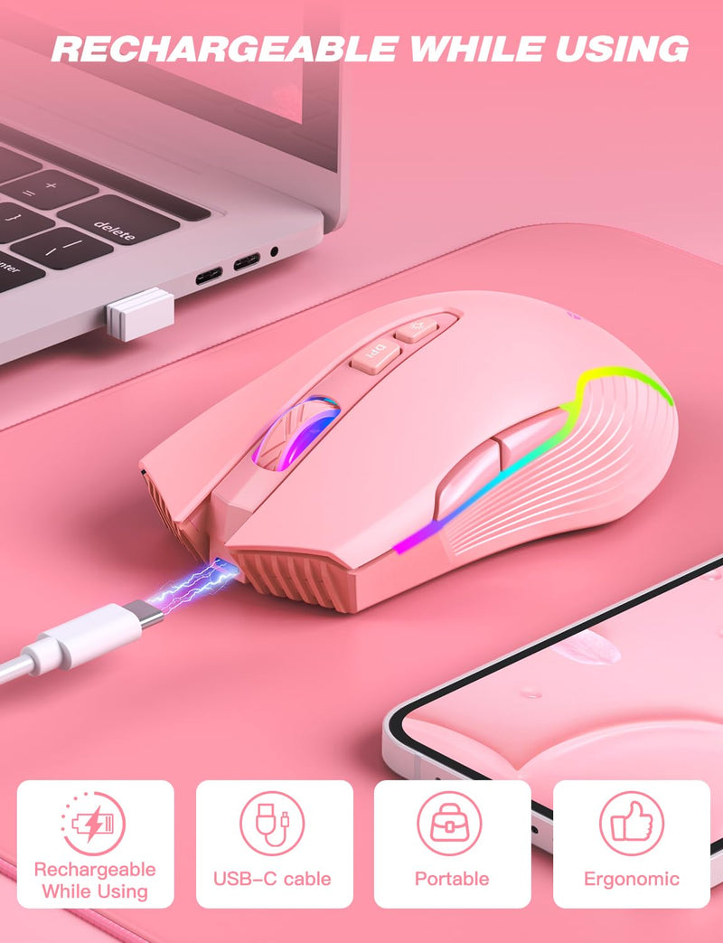 ONITOON Wireless Gaming Mouse Pink, RGB Rechargeable Computer Mice with 5 Adjustable DPI Up to 3600, 2.4G Portable Office Cordless Mice Compatible with Windows, Mac for girls woman