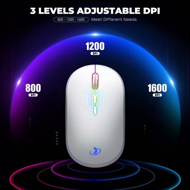 RIIKUNTEK Wireless Mouse for Laptop, 2.4G & Bluetooth Mouse Rechargeable with RGB Light, Silent Computer Mouse with Type-C Charging for PC, Laptop, iPad, Tablet, Silver