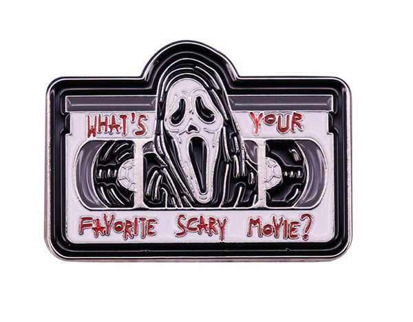 What's Your Favorite Horror Movie Vintage Tape Skull Badge Enamel Brooch Pin Lapel Pins for Halloween Clothes Bags Accessories Women Men Gifts