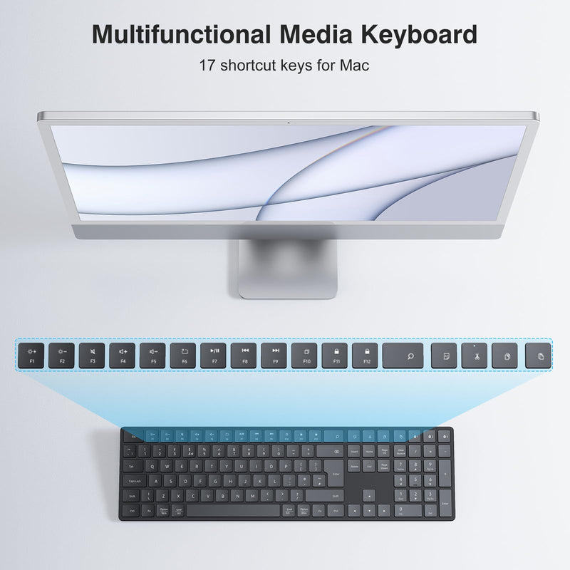 TECURS Wireless Keyboard Bluetooth Keyboard, 2.4G-USB for Windows/Mac, UK Layout Bluetooth 3 Channel, Silent, Multimedia Ultra thin Keyboard for Pc, Computer, Tablet