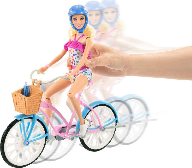 Barbie Doll and Bike Playset with Doll (11.5 in, Blonde), Bicycle with Rolling Wheels & Water Bottle Accessory, Gift for 3 to 7 Year Olds,Blue,pink,white