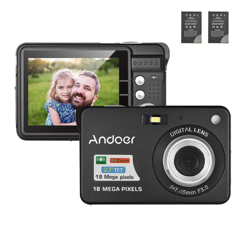 Andoer Digital Camera,Camera Digital Video Camcorder with 2 Batteries 8X Digital Zoom Anti-Shake 2.7 Inch LCD Camera for Adults/Seniors/Children/Teens-Black