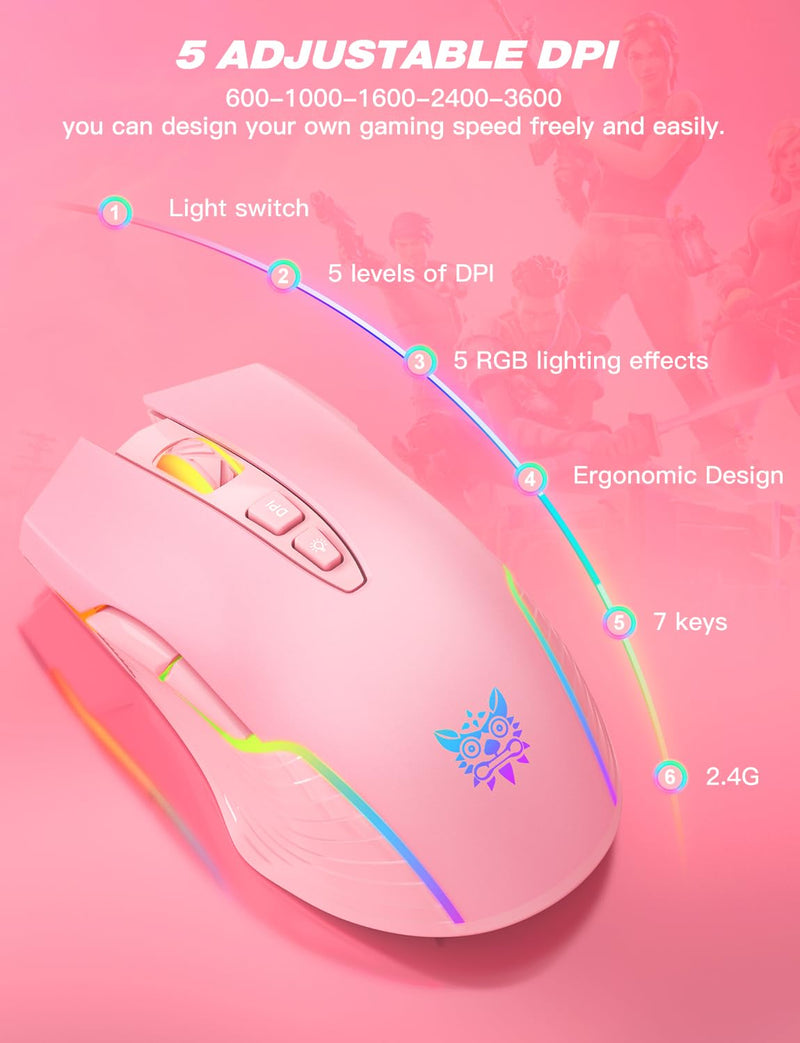 ONITOON Wireless Gaming Mouse Pink, RGB Rechargeable Computer Mice with 5 Adjustable DPI Up to 3600, 2.4G Portable Office Cordless Mice Compatible with Windows, Mac for girls woman